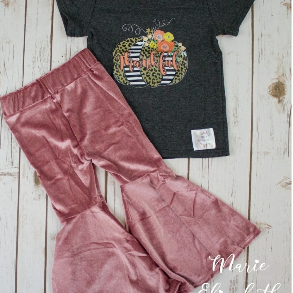 pumpkin, short sleeve shirt velvet bell bottoms pants. little girls outfit